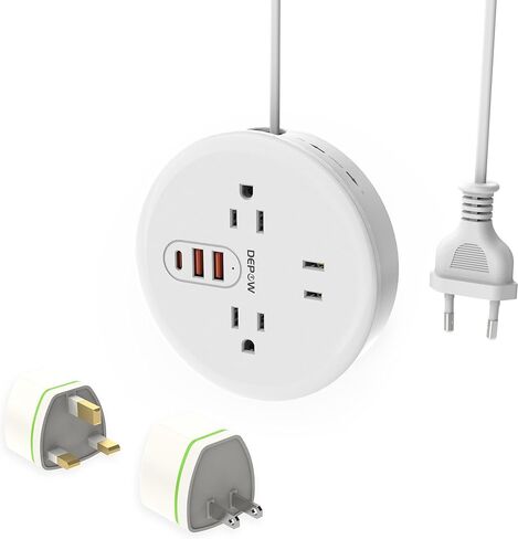 محول قابس السفر الأوروبي من DEPOW مع USB C، شريط طاقة للسفر في الاتحاد الأوروبي/المملكة المتحدة/الولايات المتحدة مع 3 منافذ و3 منافذ USB، محول منفذ من الولايات المتحدة إلى أوروبا مع سلك تمديد بطول 4 أقدام للسفر والرحلات البحرية وأساسيات النوم، أبيض in Kuwait