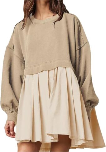 سويت شيرت حريمي كبير الحجم فستان مرقع بياقة دائرية وأكمام طويلة بلوفر علوي مريح مناسب بلوزات فستان قصير in Kuwait