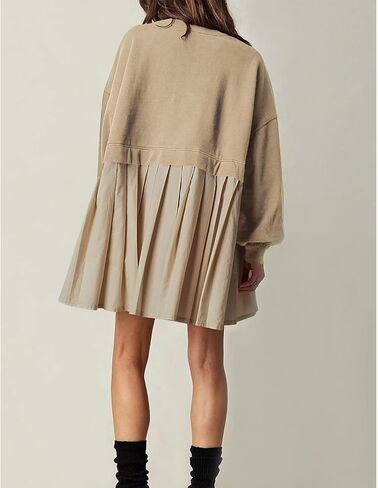 سويت شيرت حريمي كبير الحجم فستان مرقع بياقة دائرية وأكمام طويلة بلوفر علوي مريح مناسب بلوزات فستان قصير in Kuwait