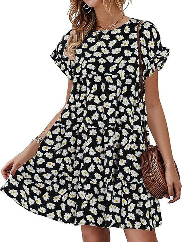 Chuanqi Womens Ruffles Boho Floral Printed Babydoll Loose Swing Casual Short Mini T-Shirt Dress in Kuwait