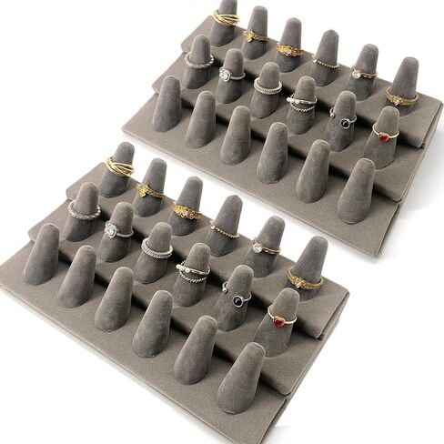 CODANT 3 Tier Gray Velvet 18 Finger Ring Display, 18 Slot Grey Ring Displays for Selling,Tabletop Ring Holder for Jewelry（set of 2） in Kuwait