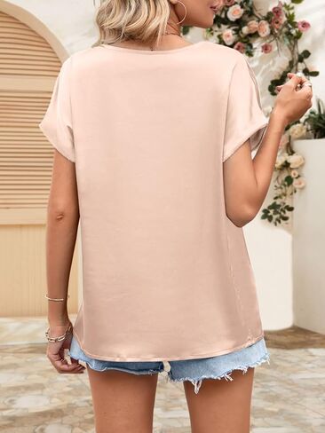 Women's Summer Tops Silk T Shirts Satin Blouse Tunic Tops V Neck Short Sleeve Shirt Dressy Casual Fashion Tees in Kuwait