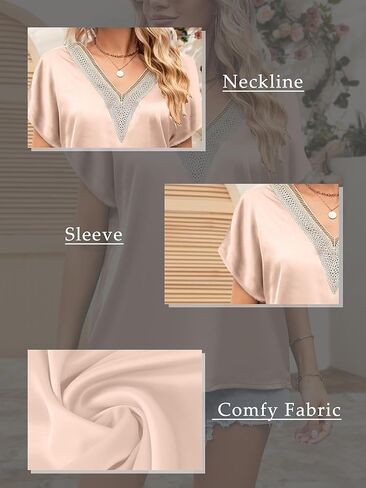 Women's Summer Tops Silk T Shirts Satin Blouse Tunic Tops V Neck Short Sleeve Shirt Dressy Casual Fashion Tees in Kuwait