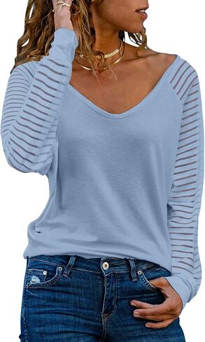EVALESS Women's Casual V Neck Tops Long Sleeve Shirts Mesh Sheer Patchwork Blouses and Tops in Saudi Arabia