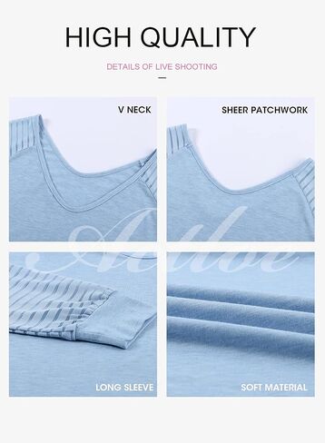 EVALESS Women's Casual V Neck Tops Long Sleeve Shirts Mesh Sheer Patchwork Blouses and Tops in Saudi Arabia