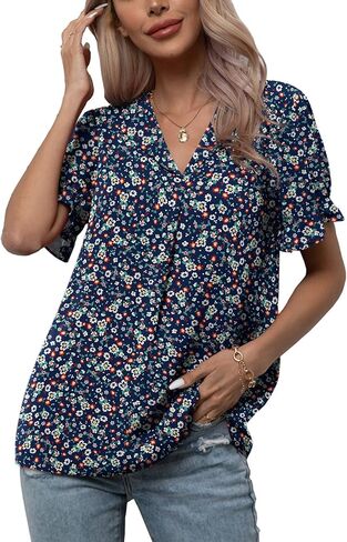 بلوزات نسائية من الشيفون كاجوال من LILBETTER برقبة على شكل حرف V وأكمام قصيرة، بلوزات صيفية للعمل المكتبي in Kuwait