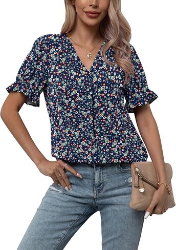 بلوزات نسائية من الشيفون كاجوال من LILBETTER برقبة على شكل حرف V وأكمام قصيرة، بلوزات صيفية للعمل المكتبي in Kuwait