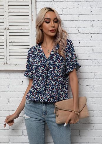 بلوزات نسائية من الشيفون كاجوال من LILBETTER برقبة على شكل حرف V وأكمام قصيرة، بلوزات صيفية للعمل المكتبي in Kuwait