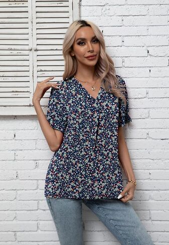 بلوزات نسائية من الشيفون كاجوال من LILBETTER برقبة على شكل حرف V وأكمام قصيرة، بلوزات صيفية للعمل المكتبي in Kuwait