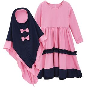 12Mos-6Yrs Baby Girl Kids Solid Color Muslim Dress Islamic Long Muslim Abaya with Embroidery Hijab Long Sleeve Dress