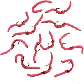 San Juan Worm Fly Fishing Trout Flies with Bead Head, One Dozen Wet Flies in Size 12 and 14 (6 of Each), Floats Naturally and Great for Big Trout