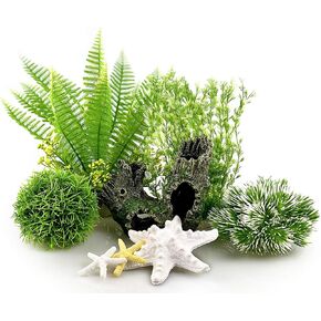 Aquarium Decorations Fish Tank Artificial Green Water Plants with Starfish Resin and Wood Cave，Accessories Ornament Kit
