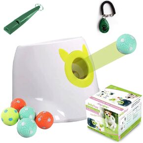 Automatic Dog Ball Launcher with Remote Control - Interactive Fetch Machine Thrower for Small and Medium Sized Dogs with 6 High-Bounce Washable Latex Balls, Training Clicker, and Whistle - Blue