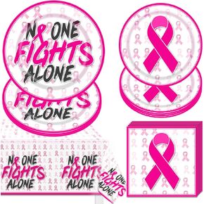 ديكورات للتوعية بسرطان الثدي، لا أحد يحارب بمفرده، شريط وردي مطبوع، أدوات للتوعية بسرطان الثدي تتضمن الأطباق والمناديل، وديكورات حفلات مفارش المائدة in Kuwait