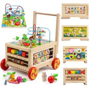 Wooden Activity Cube 7-in-1 Montessori Toy Multipurpose Educational Learning Toy for 1+ Year Old Baby Toddler Kid Boy First Birthday Gift Bead Maze Gear Number Animal Board Carrots Harvest Game