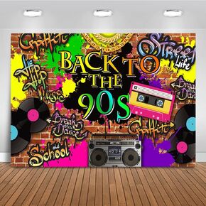Mocsicka 90’S Backdrop Hip Hop Graffiti Brick Wall Retro Radio Fashion Photography Background Back to The 90’S Themed Party Banner Decoration Backdrops (10x7ft)