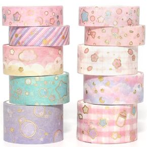YUBX Creative Washi Tape Set 10 Rolls Gold Foil Print Decorative Masking Tapes for Arts, DIY Crafts, Journals, Planners, Scrapbook, Wrapping (Cute Sweety)