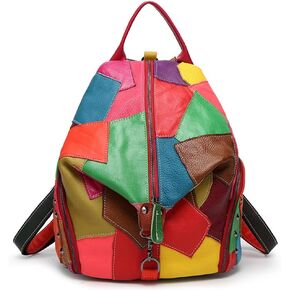 Genuine Leather Backpack Contrasting Multicolor Splicing Backpack Fashion Large Capacity Travel Backpack- Multicolor