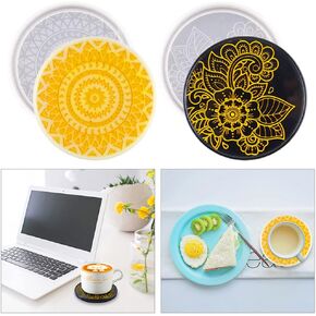 2pcs Coaster Resin Molds Mandala Cup Mat Silicone Molds Epoxy Casting Crystal Agate Tray Resin Moulds Jewelry Organizer for DIY Craft Candle Holder Home Decoration (Floral Pattern)