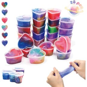 28Pcs Galaxy Slime Set, Heart Slime Stress Relief Fidget Toys for Kids Birthday DIY Favors Easter Basket Stuffers Eggs Filler Classroom Prizes Exchange Gift