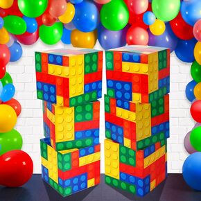 Outus 6 Pieces Building Block Party Boxes 11.8 x 11.8 Inch Building Block Style Box Building Block Theme Birthday Party Centerpieces Building Block Box Building Game Party Decorations