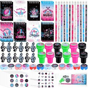 Faccito 96 Set Music Party Favors Stationery Set Music Birthday Party Decorations Supplies 80s 90s Hip Hop Disco Favors Mini Notepads Pencil Sharpeners Erasers Stickers Stampers Gift Bags