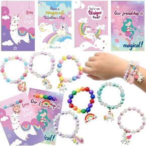 UMEELR 28 Packs Unicorn Cards with Rainbow Bracelets, Unicorn Beaded Bracelets, Easter Basket Stuffers for Kids and Easter Egg Fillers