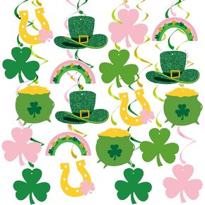 20Pcs St. Patrick's Day Hanging Swirl Decorations, Girl Shamrock Clover Irish Party Hanging Decor,Pink St Patricks Hanging Streamer for Irish Saint Paddy's Day Party, Lucky One Birthday Party