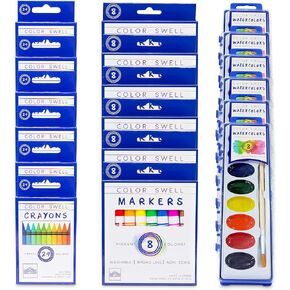 Color Swell Art Mixed Pack (6 packs of Washable Markers, 6 Watercolor Paints, 6 packs of Regular Crayons) Perfect for Families, Classrooms, and Parties