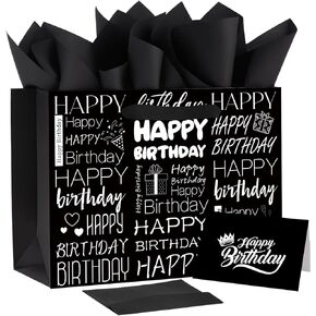 MOORIIY White and Black Birthday Gift Bag for Men Women Large Happy Birthday Wrapping Gift Bag with Tissue Paper and Greeting Card for Birthday Party Supplies 11.8" x 9.4" x 5.3" (Style B -White)