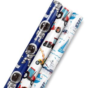 Capesaro Wrapping Paper Roll - 17 Inch X 120 Inch Per Roll - Astronaut Nautical Car Gift Wrapping Paper Mini Roll - 3 Different Design Gift Wrap Paper for Boys Kids Birthday