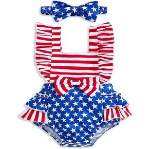 Newborn Baby Girl 4th of July Outfit USA Romper Suspender Bodysuit Independence Day Clothes 0-18 Months