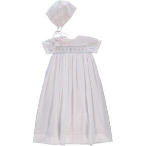 White Christening Gown Hand Smocked Yoke with Cross Detail and Short Sleeves + Bonnet