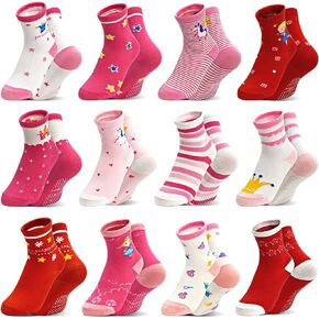 SkiBeaut Toddlers Girls Socks 12 Pairs Non Slip Skid Crew Socks with Grips for Little Girl Toddler Kids Gripper Socks