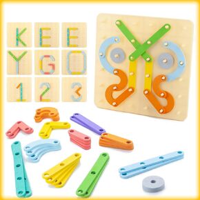 Montessori Toys, Puzzles Letter and Number Shapes Construction Toys, 35 PCs Wooden Parts for Educational Preschool Color Activity Board Set, Recognition Learning Birthday Toys Set for Toddlers
