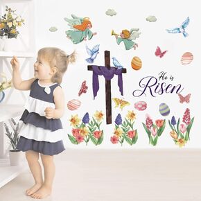 IARTTOP Happy Easter Wall Sticker He is Risen Eggs Wall Decals Floral Colorful Eggs Stickers for Easter Party Windows Living Room Decoration
