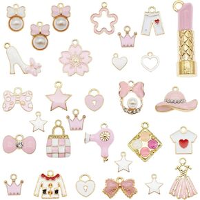 Julie Wang 100pcs Mixed Enamel Pink Theme Charms for Girl Women Fashion Lipstick Hat Purse High Heel Shoes Pendants for Jewelry Making