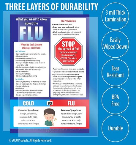 Flu Prevention Poster - Laminated, 12 x 18 inches - Flu vs Cold Chart - School Nurse Office Decorations - Workplace Safety Poster in Saudi Arabia