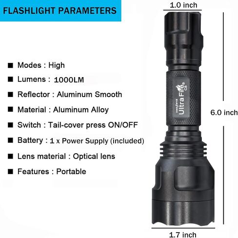 ULTRAFIRE C8 مصباح يدوي صغير LED أحادي الوضع 1000 مصباح يدوي تكتيكي عالي التجويف مع شاحن وUFB18، للطوارئ والتخييم والحمل اليومي EDC ضوء فلاش محمول in Saudi Arabia