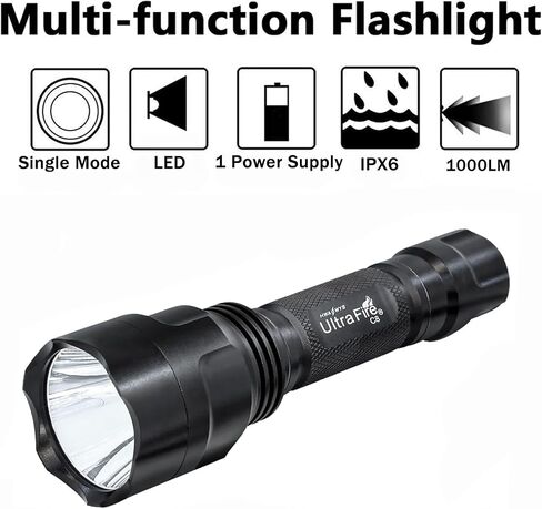 ULTRAFIRE C8 مصباح يدوي صغير LED أحادي الوضع 1000 مصباح يدوي تكتيكي عالي التجويف مع شاحن وUFB18، للطوارئ والتخييم والحمل اليومي EDC ضوء فلاش محمول in Saudi Arabia
