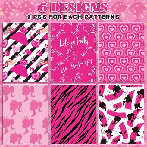 Whaline 12 Sheets Girls Princess Wrapping Paper Valentine's Day Pink Girl Wrapping Paper Hearts Princess Hot Pink Folded Gift Wrap Paper for Wedding Birthday Baby Shower Party, 19.7 x 27.6 Inch in Saudi Arabia