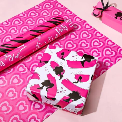Whaline 12 Sheets Girls Princess Wrapping Paper Valentine's Day Pink Girl Wrapping Paper Hearts Princess Hot Pink Folded Gift Wrap Paper for Wedding Birthday Baby Shower Party, 19.7 x 27.6 Inch in Saudi Arabia