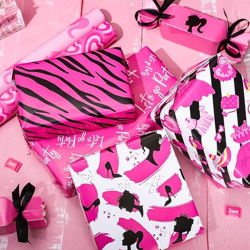 Whaline 12 Sheets Girls Princess Wrapping Paper Valentine's Day Pink Girl Wrapping Paper Hearts Princess Hot Pink Folded Gift Wrap Paper for Wedding Birthday Baby Shower Party, 19.7 x 27.6 Inch in Saudi Arabia