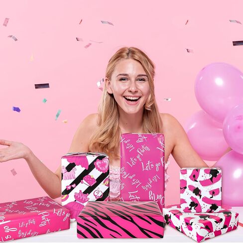 Whaline 12 Sheets Girls Princess Wrapping Paper Valentine's Day Pink Girl Wrapping Paper Hearts Princess Hot Pink Folded Gift Wrap Paper for Wedding Birthday Baby Shower Party, 19.7 x 27.6 Inch in Saudi Arabia