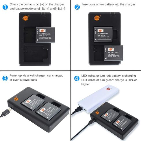 بطارية DSTE 2X DB-110 + شاحن مزدوج سريع مع كابل Micro USB متوافق مع كاميرا Ricoh GR III GRIIIX Ricoh WG-6 Ricoh G900 Ricoh G900SE مثل BJ-11 Li-90B in Saudi Arabia