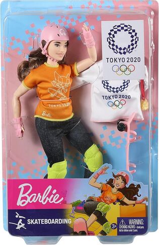 Barbie Olympic Games Tokyo 2020 Skateboarder Doll with Uniform, Tokyo 2020 Jacket, Medal, Skateboard, Wrist and Kneepads for Ages 3 and Up in Saudi Arabia