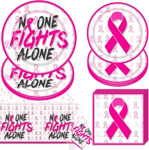 ديكورات للتوعية بسرطان الثدي، لا أحد يحارب بمفرده، شريط وردي مطبوع، أدوات للتوعية بسرطان الثدي تتضمن الأطباق والمناديل، وديكورات حفلات مفارش المائدة in Kuwait