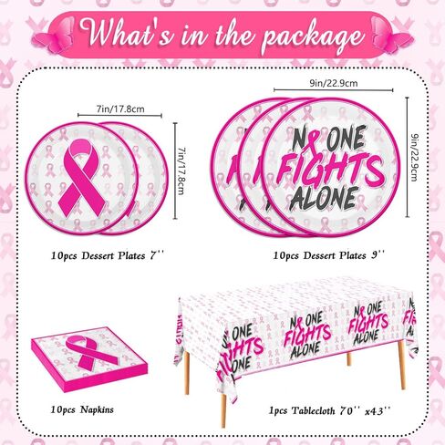 ديكورات للتوعية بسرطان الثدي، لا أحد يحارب بمفرده، شريط وردي مطبوع، أدوات للتوعية بسرطان الثدي تتضمن الأطباق والمناديل، وديكورات حفلات مفارش المائدة in Kuwait