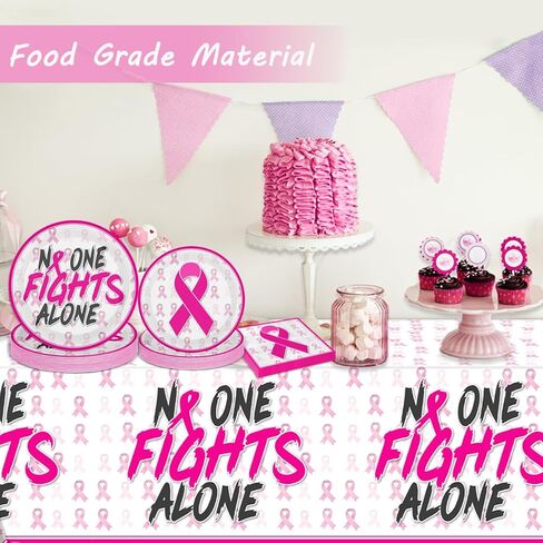 ديكورات للتوعية بسرطان الثدي، لا أحد يحارب بمفرده، شريط وردي مطبوع، أدوات للتوعية بسرطان الثدي تتضمن الأطباق والمناديل، وديكورات حفلات مفارش المائدة in Kuwait