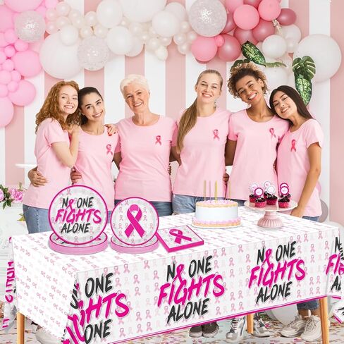 ديكورات للتوعية بسرطان الثدي، لا أحد يحارب بمفرده، شريط وردي مطبوع، أدوات للتوعية بسرطان الثدي تتضمن الأطباق والمناديل، وديكورات حفلات مفارش المائدة in Kuwait